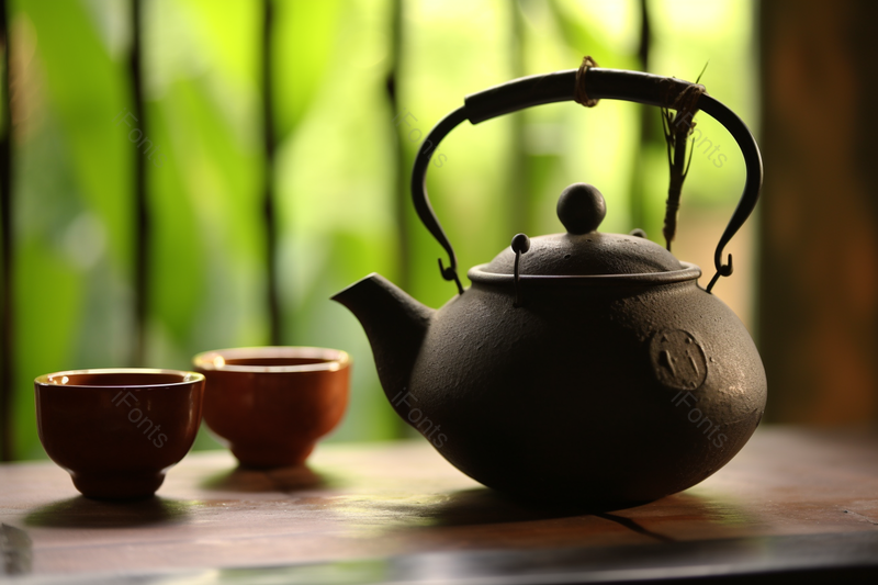 绿色的树林的木屋里的传统元素的茶具茶壶和茶杯,高清,摄影图,摄影图片,图片大全,摄影图免费下载